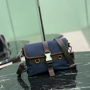 Prada Buckle Crossbody Small Navy Brown Silver Hardware