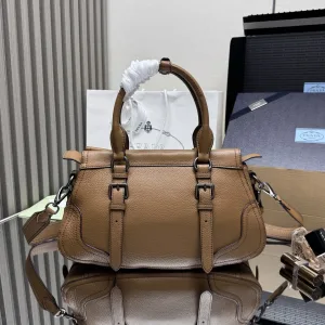 Prada Buckle Satchel Medium Caramel Silver Hardware