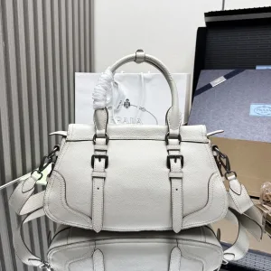 Prada Buckle Top Handle Medium White Silver Hardware