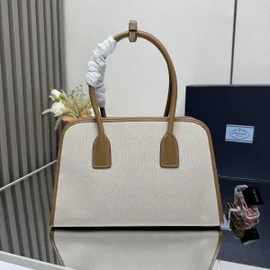 Prada Canvas Top Handle Medium White Brown Gold Hardware