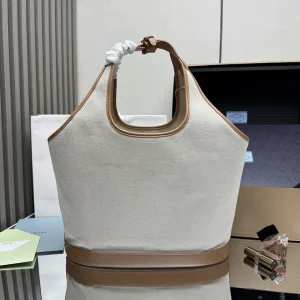 Prada Canvas Tote Medium White Brown Gold Hardware