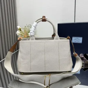 Prada Canvas Tote Medium White Brown Gold Hardware Variant 2