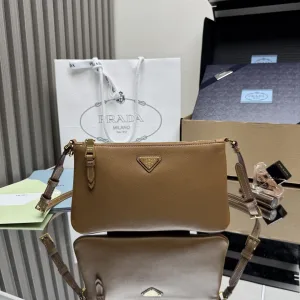 Prada Flap Crossbody Small Taupe Gold Hardware