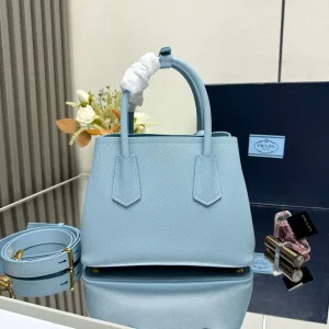 Prada Galleria Top Handle Small Light Blue Gold Hardware