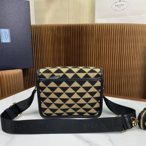 Prada Geometric Backpack Medium Black Beige Silver Hardware