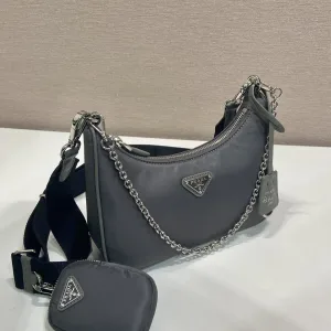 Prada Hobo Bag Small Charcoal Silver Hardware