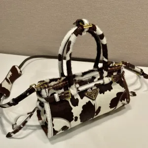 Prada Pony Hair Barrel Bag Small Brown White Gold Hardware
