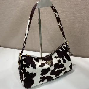 Prada Pony Hair Shoulder Bag Medium Brown White Silver Hardware