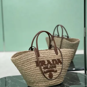 Prada Raffia Logo Tote Medium Natural Brown Gold Hardware