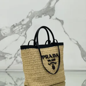 Prada Raffia Logo Tote Small Natural Black Gold Hardware