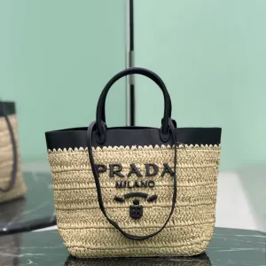Prada Raffia Logo Tote Small Natural Black Gold Hardware Variant 2
