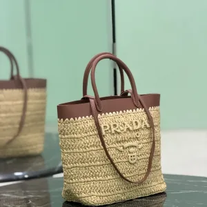 Prada Raffia Logo Tote Small Natural Brown Gold Hardware