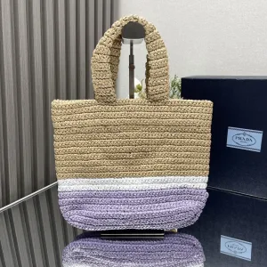 Prada Raffia Logo Tote Small Natural Purple Gold Hardware