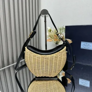 Prada Raffia Moon Bag Medium Natural Black Gold Hardware
