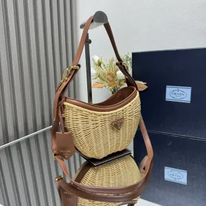 Prada Raffia Moon Bag Medium Natural Brown Gold Hardware