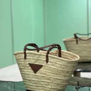 Prada Raffia Tote Medium Natural Brown Gold Hardware