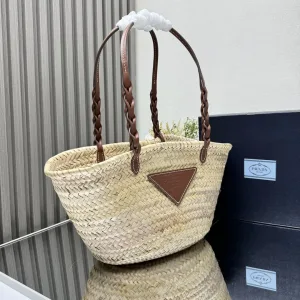 Prada Raffia Tote Medium Natural Burgundy Gold Hardware