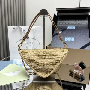 Prada Raffia Triangle Shoulder Bag Medium Natural Gold Hardware