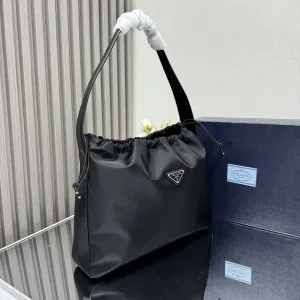 Prada ReNylon Bucket Bag Medium Black Silver Hardware
