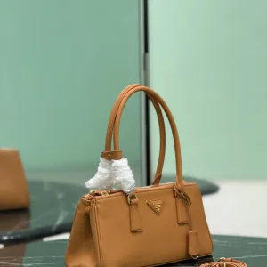 Prada Saffiano Double Tote Medium Caramel Gold Hardware