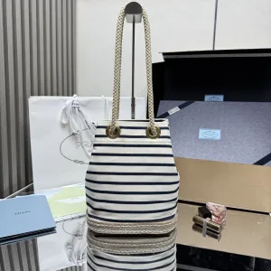 Prada Striped Bucket Bag Medium White Black Gold Hardware
