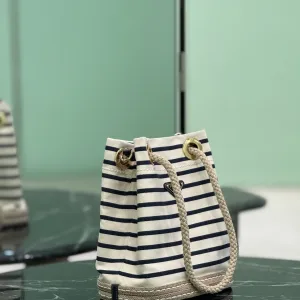 Prada Striped Bucket Bag Small White Black Gold Hardware