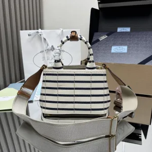 Prada Striped Canvas Tote Medium White Black Gold Hardware
