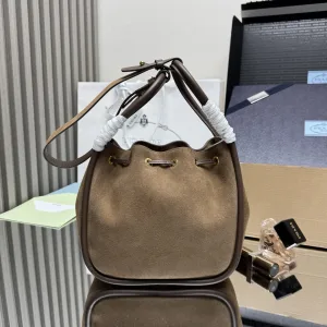 Prada Suede Bucket Bag Medium Taupe Gold Hardware