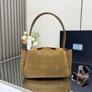 Prada Suede Shoulder Bag Medium Camel Gold Hardware
