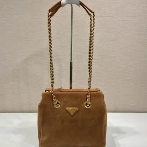 Prada Suede Tote Medium Brown Gold Hardware