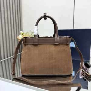 Prada Suede Tote Medium Brown Silver Hardware