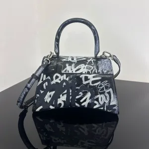 Balenciaga Hourglass Top Handle Small Black Graffiti 23cm