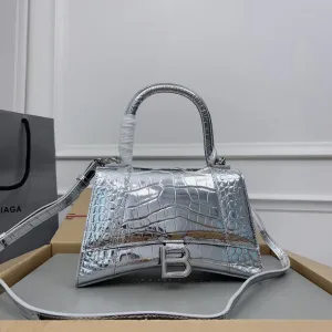 Balenciaga Hourglass Top Handle Small Silver Croc 23cm