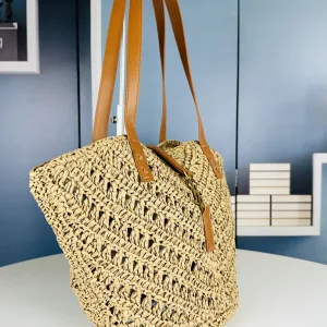 Saint Laurent Raffia Basket Tote Bag Large Beige Gold Hardware Exact Size Unknown 005