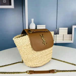 Saint Laurent Raffia Basket Tote Bag Large Brown Gold Hardware Exact Size Unknown 006
