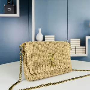 Saint Laurent Raffia Chain Shoulder Bag Medium Beige Gold Hardware Exact Size Unknown 001