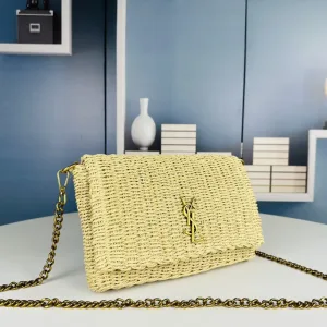 Saint Laurent Raffia Chain Shoulder Bag Medium Beige Gold Hardware Exact Size Unknown 002