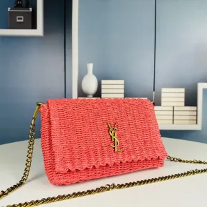 Saint Laurent Raffia Chain Shoulder Bag Medium Red Gold Hardware Exact Size Unknown 003