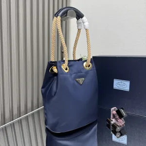 Prada Bucket Tote Medium Blue Gold Hardware