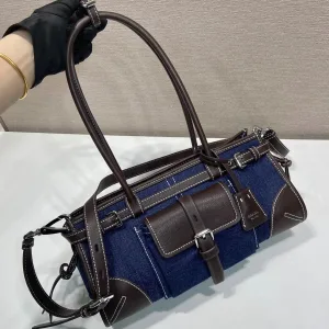 Prada Buckle Barrel Bag Medium Navy Silver Hardware