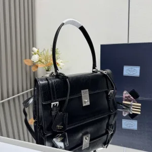 Prada Buckle Briefcase Medium Black Silver Hardware