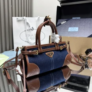 Prada Buckle Crossbody Medium Navy Brown Silver Hardware