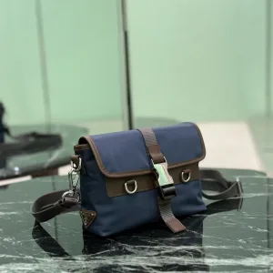 Prada Buckle Crossbody Small Navy Brown Silver Hardware
