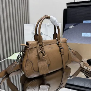 Prada Buckle Satchel Medium Caramel Silver Hardware