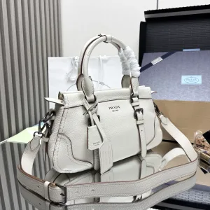 Prada Buckle Top Handle Medium White Silver Hardware