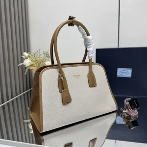 Prada Canvas Top Handle Medium White Brown Gold Hardware