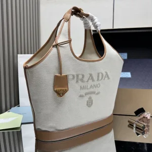 Prada Canvas Tote Medium White Brown Gold Hardware