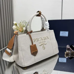 Prada Canvas Tote Medium White Brown Gold Hardware Variant 2