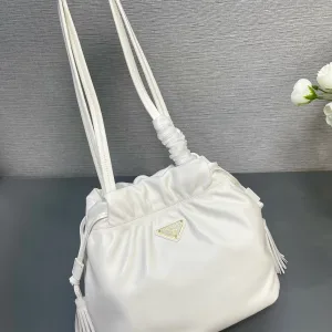 Prada Drawstring Bucket Bag Small White Gold Hardware
