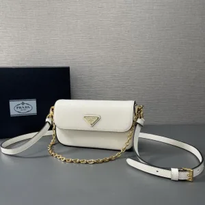 Prada Flap Chain Shoulder Bag Small White Gold Hardware